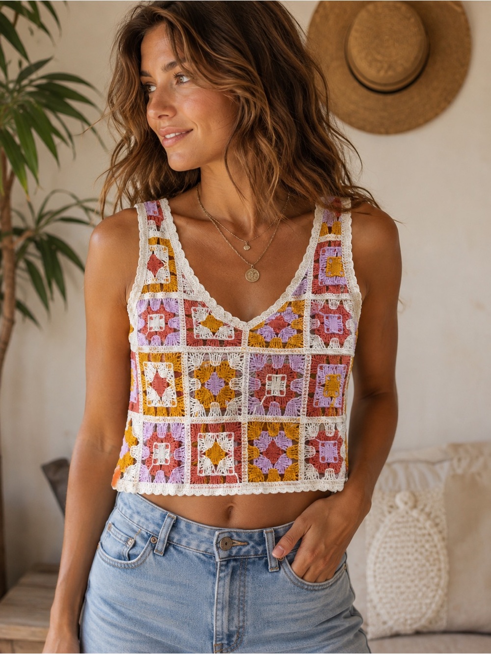 Boho Crochet Granny Square Crop Tank Top S Festival Cottagecore Multicolor Retro